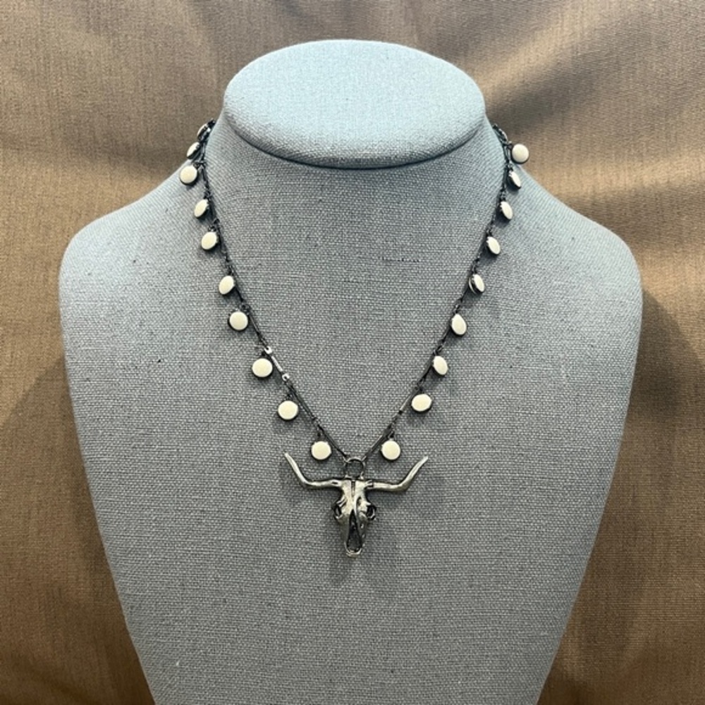 Southwestern Brushed Silver Tone Bull Skull Pendant with Dangles of Enamel Discs